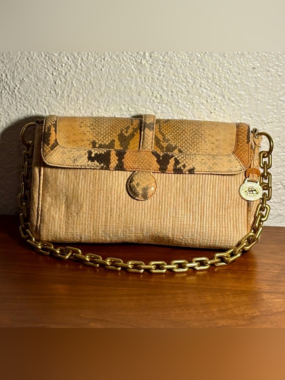 Vintage Brahmin Tan Raffia & Snakeskin Clutch With Brass Chain Bag